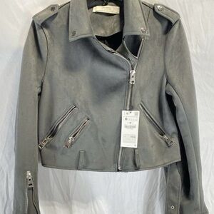 NWT Zara Basic Womens Gray Suede Zipper Pockets Full-Zip Motorcycle Jacket Sz M